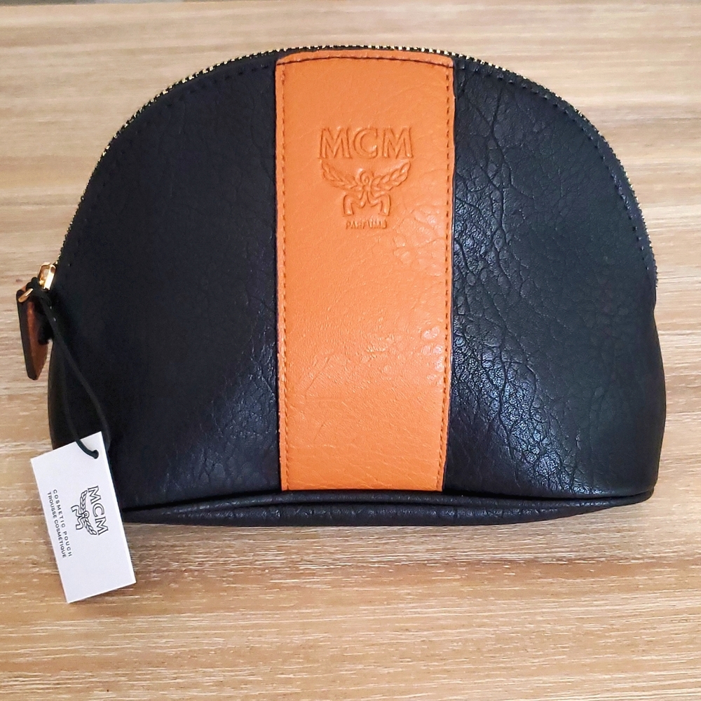 New never used MCM pouch cosmetic bag Black & carmel tan MCM logo bag ☆Lasst One